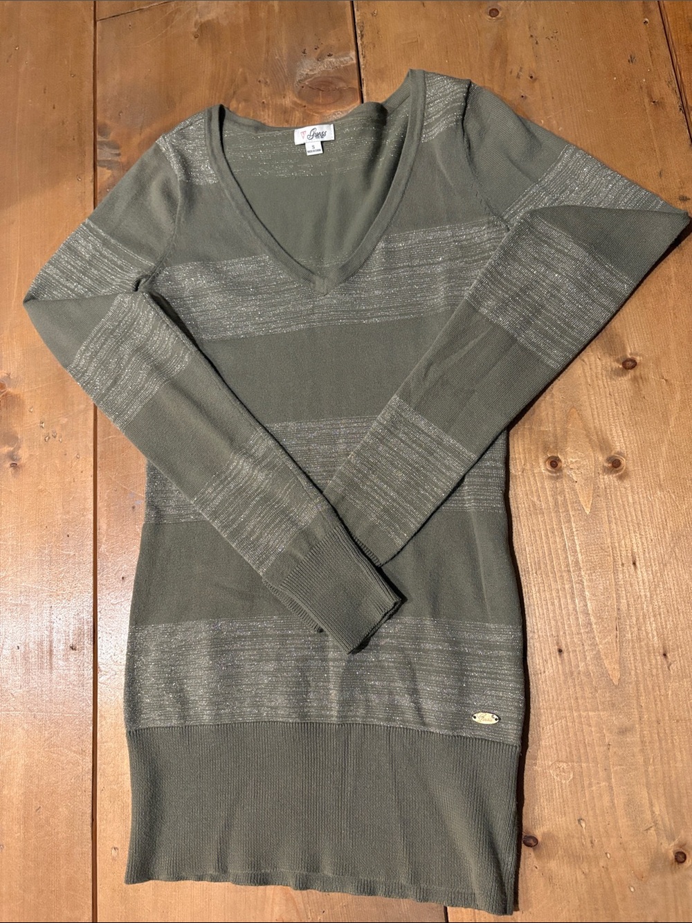 Joie Olive Green V-Neck Long Sleeve Metallic Stripe Sweater Top